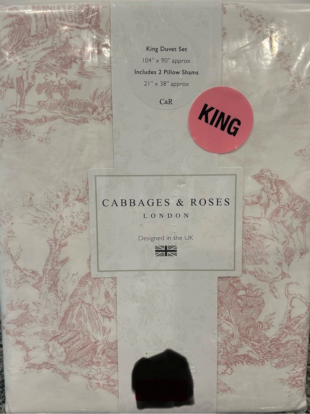 Cabbages and Roses KING Duvet Set New Cotton Percale Country Toile Rose Pink